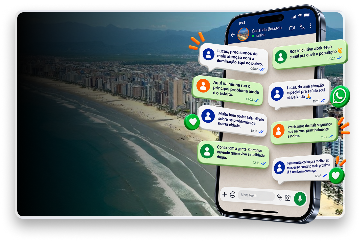 Celular com o Canal da Baixada no WhatsApp e mensagens de moradores sobre a cidade.